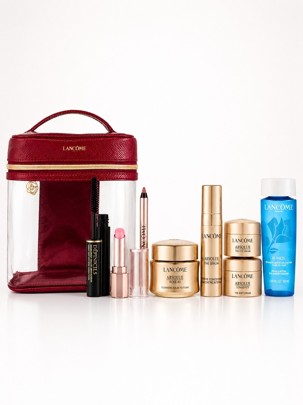 Lancome Makeup Set with Red Carry Case and Gold Skincare